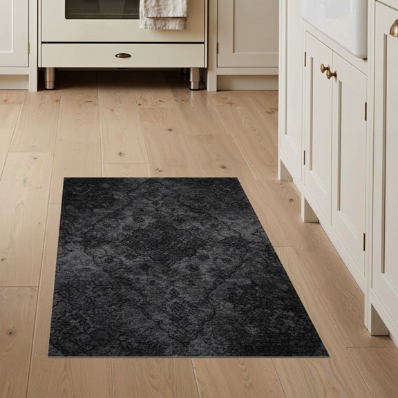 ODIKA 3'x5' Washable Accent Rug Weathered Grey Inky Symmetrical Central Field Minimal Flat Motifs for Bedside, Nursery Room, Pet Friendly & Non-Shedding