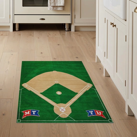 ODIKA 3'x5' Washable Area Rug Baseball Field Sport Design With Diamond Layout And Pennant Border for Hallway, Laundry Room, Non-Slip, Flatweave, Easy Care