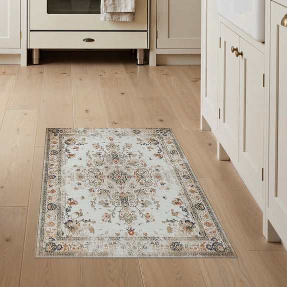 ODIKA 3'x5' Washable Area Rug Beige Dining Vintage Distressed Scrollwork Neutral Tone Cream for Hallway, Laundry Room, Non-Slip, Flatweave, Easy Care