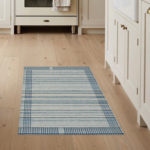 ODIKA 3'x5' Washable Area Rug Blue Cream Layering Striped Plaid Gingham Front Boho Design with Symmetrical Border for Hallway, Laundry Room, Non-Slip, Flatweave, Easy Care