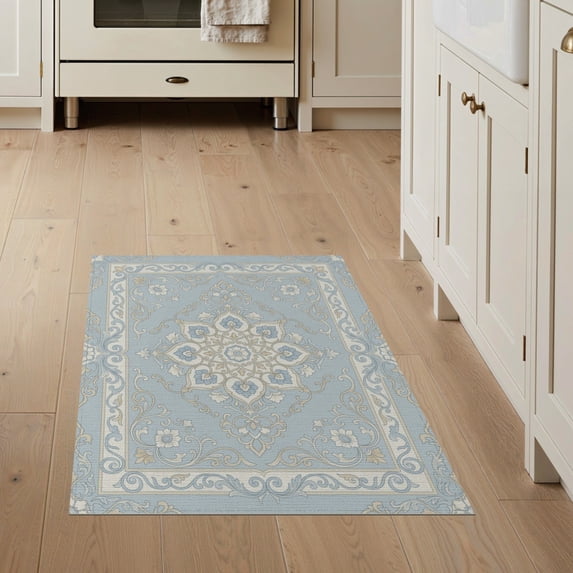 ODIKA 3'x5' Washable Area Rug Boho Vintage Scroll Border Entrance Bedside Front Door Geometric Playful for Hallway, Laundry Room, Non-Slip, Flatweave, Easy Care