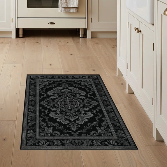 ODIKA 3'x5' Washable Area Rug Charcoal Black Gothic Damask Ornate Vintage Scrollwork with Accents for Hallway, Laundry Room, Non-Slip, Flatweave, Easy Care