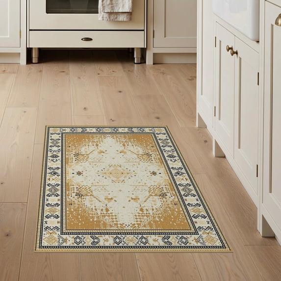 ODIKA 3'x5' Washable Area Rug Cow Spotted Southwestern Border Abstract Inspired Patchwork Bold for Hallway, Laundry Room, Non-Slip, Flatweave, Easy Care