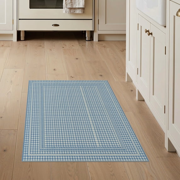 ODIKA 3'x5' Washable Area Rug Dusty Blue Cream Layering Gingham Stripe Felpudo Striped Boho Checkered Plaid with Bold for Hallway, Laundry Room, Non-Slip, Flatweave, Easy Care