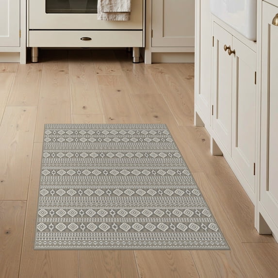 ODIKA 3'x5' Washable Area Rug Entry Vintage Grey Grid Entryway Front Door Styling Ru Boho Foyer for Hallway, Laundry Room, Non-Slip, Flatweave, Easy Care
