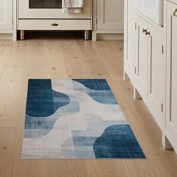 ODIKA 3'x5' Washable Area Rug Farmhouse Abstract Vintage Faded Marbled Swirls Navy Distressed for Hallway, Laundry Room, Non-Slip, Flatweave, Easy Care