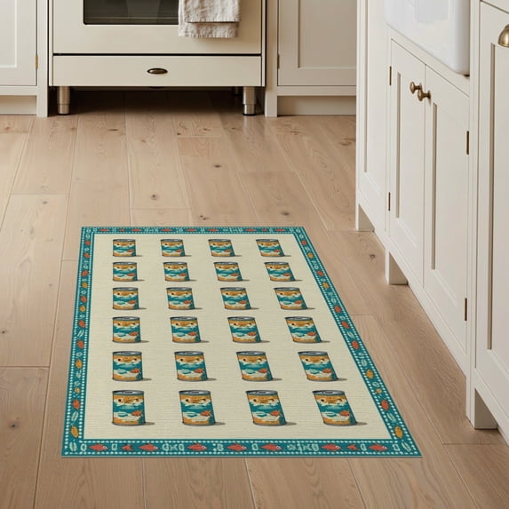 ODIKA 3'x5' Washable Area Rug Fish Vintage Fishing Canned Retro Nautical Sardine Tin Bathroom for Hallway, Laundry Room, Non-Slip, Flatweave, Easy Care