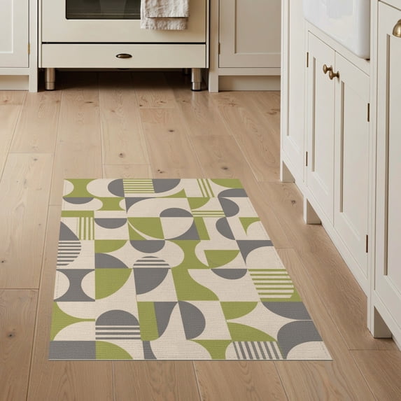 ODIKA 3'x5' Washable Area Rug Green Gray Geometric Elegance Modern Twist Contemporary Art Inspired for Hallway, Laundry Room, Non-Slip, Flatweave, Easy Care