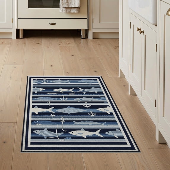 ODIKA 3'x5' Washable Area Rug Hooked Fishing Nautical Bass Motif Stripe Border Lure Novelty for Hallway, Laundry Room, Non-Slip, Flatweave, Easy Care