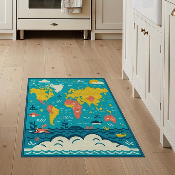 ODIKA 3'x5' Washable Area Rug Large Map Top Ocean Educational Explorer Playroom Classroom for Hallway, Laundry Room, Non-Slip, Flatweave, Easy Care