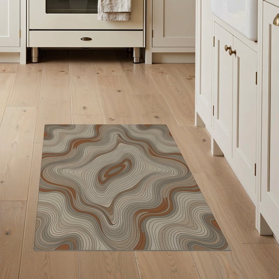 ODIKA 3'x5' Washable Area Rug Map Wavy Abstract Elevation Rings Lines Flowing Earthy Topographic Dynamic for Hallway, Laundry Room, Non-Slip, Flatweave, Easy Care