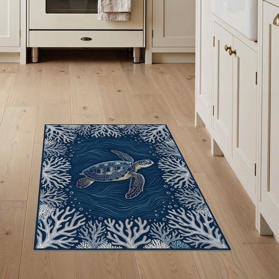 ODIKA 3'x5' Washable Area Rug Nautical Ocean Interlocking Coral Reef Border Animals Turtle Refined Structured for Hallway, Laundry Room, Non-Slip, Flatweave, Easy Care