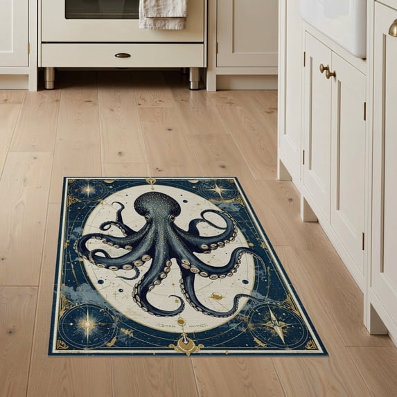 ODIKA 3'x5' Washable Area Rug Navy Vintage Animals Nautical Octopus Tentacle Sketch Maritime for Hallway, Laundry Room, Non-Slip, Flatweave, Easy Care