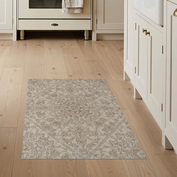ODIKA 3'x5' Washable Area Rug Non-Slip, Flatweave, Easy Care Beige Distressed Vintage Boho Lattice Scroll Border Ornate Large Flowing Dynamic for Hallway, Laundry Room