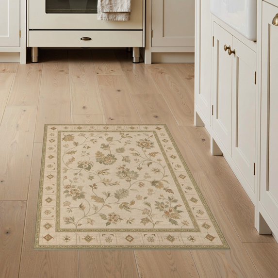 ODIKA 3'x5' Washable Area Rug Non-Slip, Flatweave, Easy Care Beige Elegance Floral and Leaf Design Classic Vine Motifs with Detailed Border Accents for Hallway, Laundry Room