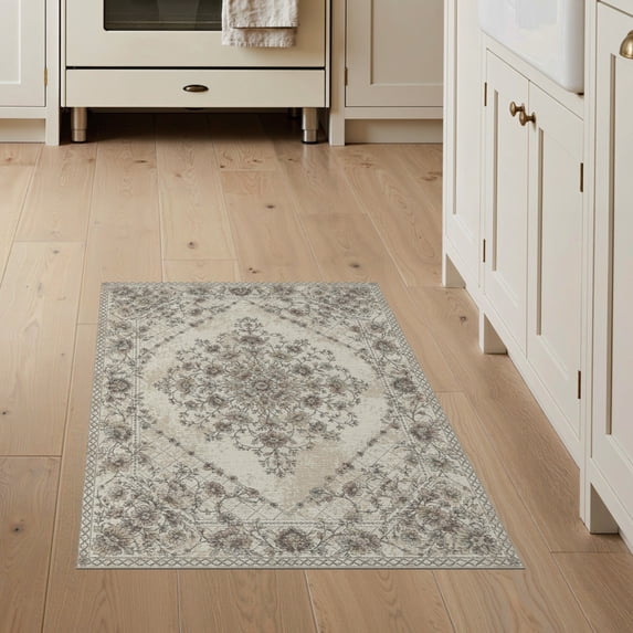 ODIKA 3'x5' Washable Area Rug Non-Slip, Flatweave, Easy Care Beige Para Boho Tapetes Interlocking Frame Symmetrical Sala Neutral for Hallway, Laundry Room