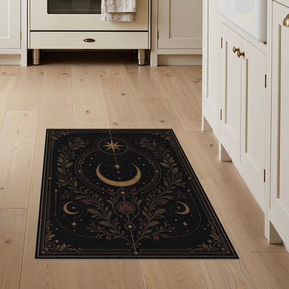 ODIKA 3'x5' Washable Area Rug Non-Slip, Flatweave, Easy Care Black Gold Celestial Design with Elegant Motifs Ornate Star and Moon Floral Accents for Hallway, Laundry Room
