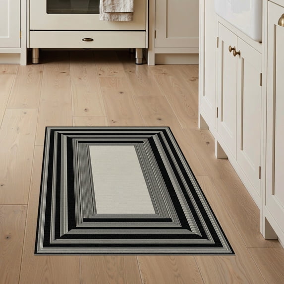 ODIKA 3'x5' Washable Area Rug Non-Slip, Flatweave, Easy Care Black Ivory Boundary Frame Geometric Lines Clean Edge Design for Hallway, Laundry Room