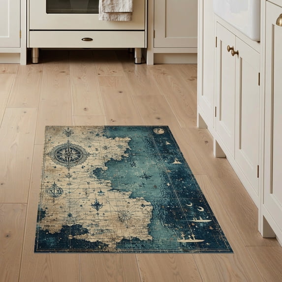 ODIKA 3'x5' Washable Area Rug Non-Slip, Flatweave, Easy Care Blue Nautical Kraken Map Design Antique Compass with Mermaid Motifs for Hallway, Laundry Room