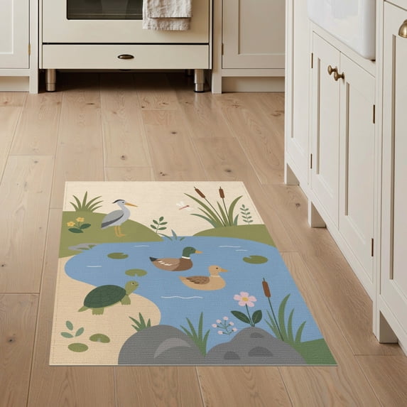 ODIKA 3'x5' Washable Area Rug Non-Slip, Flatweave, Easy Care Blue Pastel Serene Nature-Inspired Design Featuring Waterfowl and Flora in a Calm for Hallway, Laundry Room