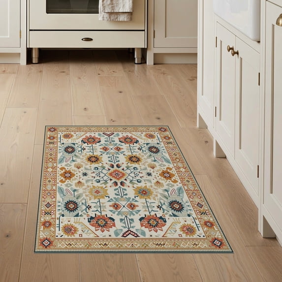 ODIKA 3'x5' Washable Area Rug Non-Slip, Flatweave, Easy Care Boho Southwestern Hallway Geometric Blooms Border Hallways Flower for Laundry Room