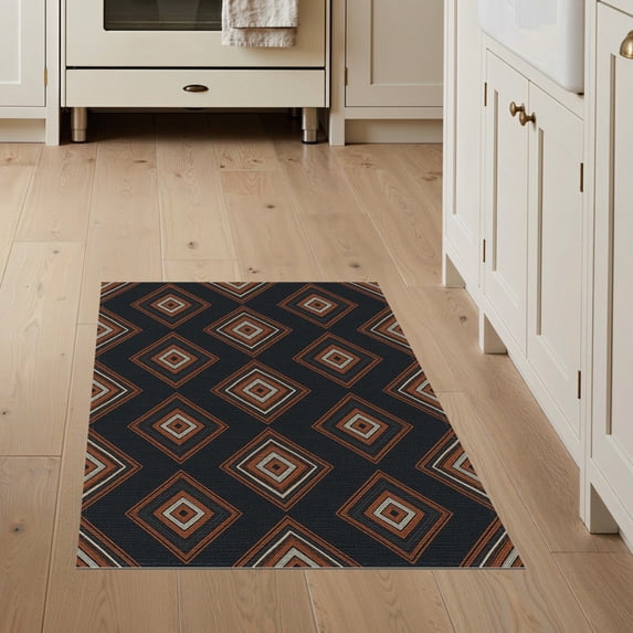 ODIKA 3'x5' Washable Area Rug Non-Slip, Flatweave, Easy Care Charcoal Abstract Border Bands Floor Covering With Balanced Symmetry for Hallway, Laundry Room