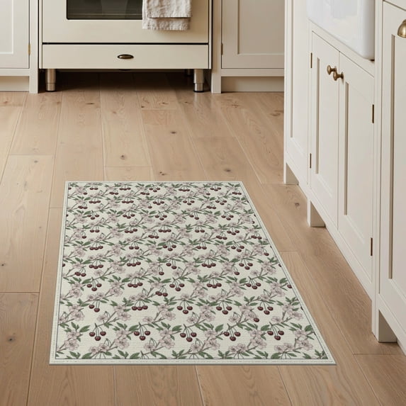 ODIKA 3'x5' Washable Area Rug Non-Slip, Flatweave, Easy Care Cherry Botanical Fruit Sprig Repeat Flowers Door Clusters Cherries Flowing for Hallway, Laundry Room