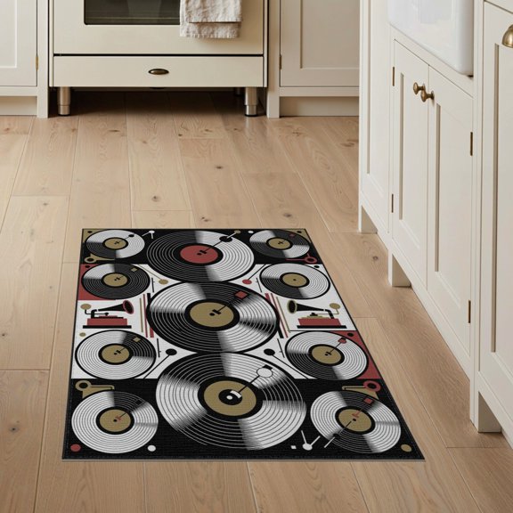 ODIKA 3'x5' Washable Area Rug Non-Slip, Flatweave, Easy Care Disc Retro Record Turntable Featuring Spinning Deck Motifs Shaped for Hallway, Laundry Room