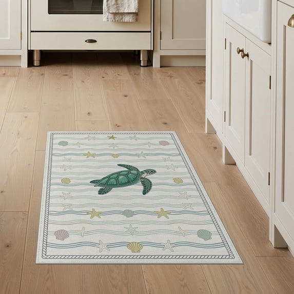 ODIKA 3'x5' Washable Area Rug Non-Slip, Flatweave, Easy Care Door Ocean Marine Turtle Border Underwater Motif Round Jellyfish for Hallway, Laundry Room