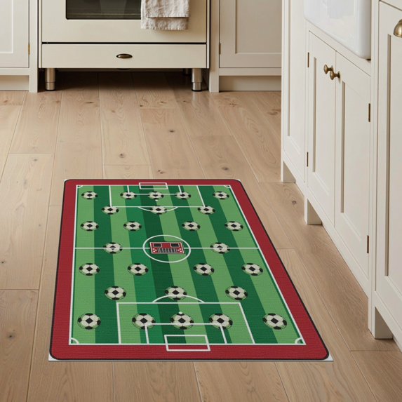 ODIKA 3'x5' Washable Area Rug Non-Slip, Flatweave, Easy Care Field Bold Athletic Border Score Motif Aglity Theme Decorations Soccer Flowing for Hallway, Laundry Room