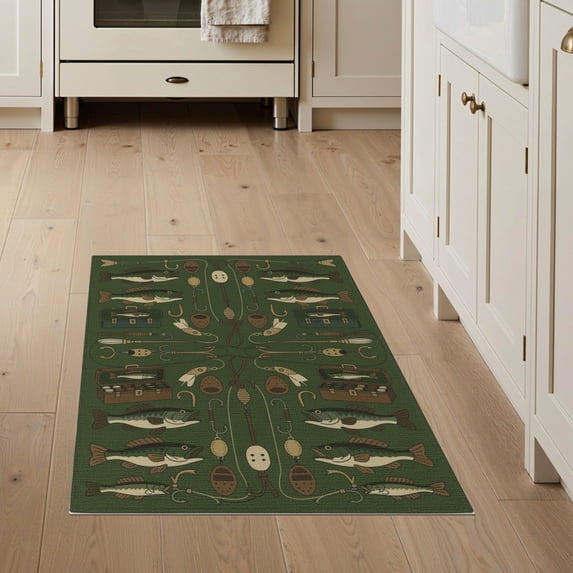 ODIKA 3'x5' Washable Area Rug Non-Slip, Flatweave, Easy Care Fish Angler Hook Lure Motif Border Print Symmetrical Covering for Hallway, Laundry Room