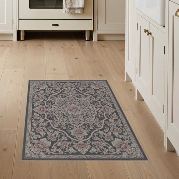 ODIKA 3'x5' Washable Area Rug Non-Slip, Flatweave, Easy Care Floral Emblem Design Featuring Mauve Blossom Motifs And Decorative Frame for Hallway, Laundry Room