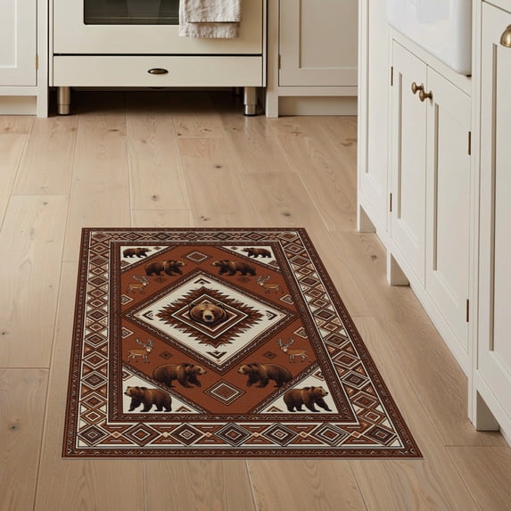 ODIKA 3'x5' Washable Area Rug Non-Slip, Flatweave, Easy Care Large Wildlife Geometric Border Neutral Decorative Livingroom for Hallway, Laundry Room