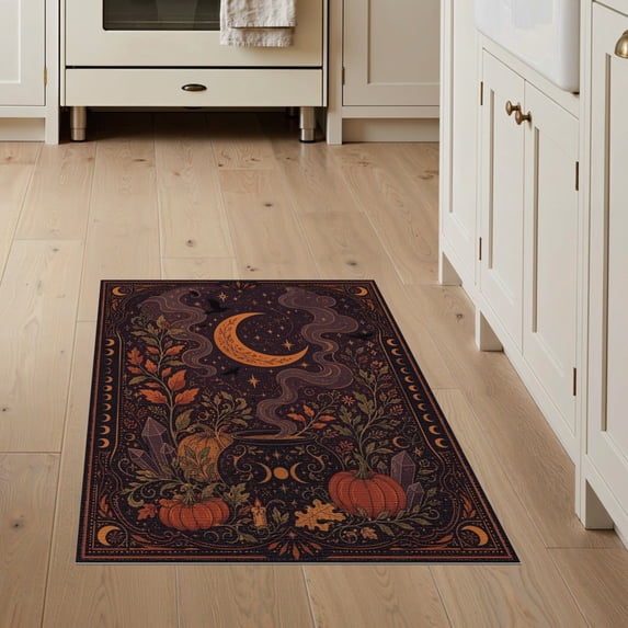 ODIKA 3'x5' Washable Area Rug Non-Slip, Flatweave, Easy Care Midnight Amber Celestial Design Mystical Moonlit Botanicals and Pumpkins for Hallway, Laundry Room