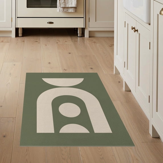 ODIKA 3'x5' Washable Area Rug Non-Slip, Flatweave, Easy Care Olive Cream Geometric Arch Design Modern Abstract Shapes with Bold Symmetry for Hallway, Laundry Room