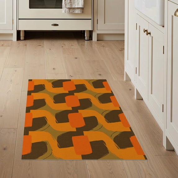 ODIKA 3'x5' Washable Area Rug Non-Slip, Flatweave, Easy Care Orange Mid Retro Painterly Blocks Contrasting Fields Century for Hallway, Laundry Room