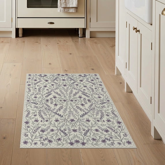 ODIKA 3'x5' Washable Area Rug Non-Slip, Flatweave, Easy Care Purple Allover Lilac Lattice Featuring Repeating Vine Motifs for Hallway, Laundry Room