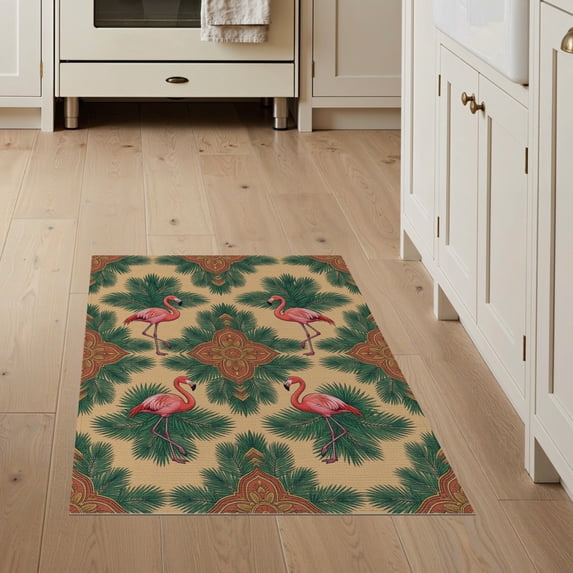 ODIKA 3'x5' Washable Area Rug Non-Slip, Flatweave, Easy Care Symmetrical Botanical Frond Border Jungle Motif Exotic Leaves Boho Refined for Hallway, Laundry Room