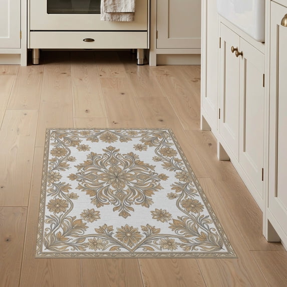 ODIKA 3'x5' Washable Area Rug Non-Slip, Flatweave, Easy Care Traditional Boho Flowing Scrollwork Scattered Botanical Contemporary for Hallway, Laundry Room
