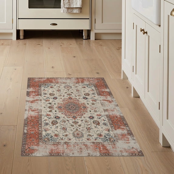 ODIKA 3'x5' Washable Area Rug Non-Slip, Flatweave, Easy Care Vintage Oriental Medallion With Distressed Floral Scroll Border Accents for Hallway, Laundry Room