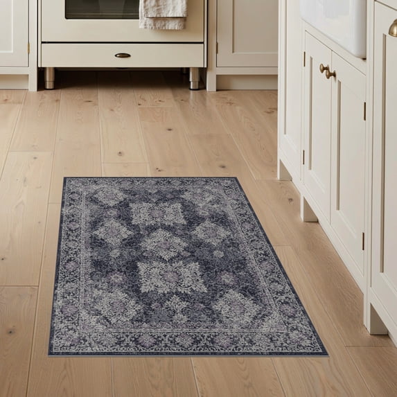 ODIKA 3'x5' Washable Area Rug Non-Slip, Flatweave, Easy Care Vinyl Moth Distressed Panel Traditional Decorative Motifs Butterfly for Hallway, Laundry Room