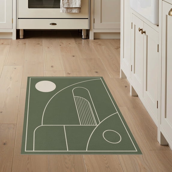 ODIKA 3'x5' Washable Area Rug Olive Green Geometric Elegance with Art Vibes Sleek Curves and Accents for a for Hallway, Laundry Room, Non-Slip, Flatweave, Easy Care
