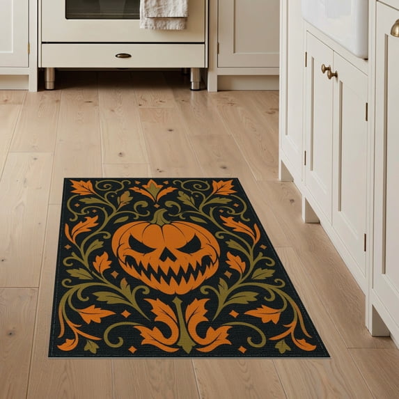 ODIKA 3'x5' Washable Area Rug Orange Black Pumpkin and Foliage Ornate Design Elegant Seasonal Motif with Symmetrical for Hallway, Laundry Room, Non-Slip, Flatweave, Easy Care