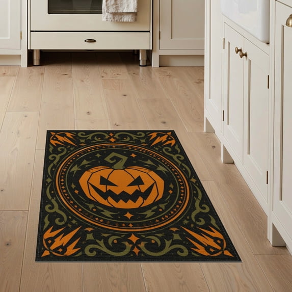 ODIKA 3'x5' Washable Area Rug Orange Black Pumpkin and Starry Night Design Halloween Themed Decorative with Elegant for Hallway, Laundry Room, Non-Slip, Flatweave, Easy Care