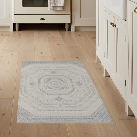 ODIKA 3'x5' Washable Area Rug Pile Neutral Faded Radiating Bands Transitional Motif Beige Large for Hallway, Laundry Room, Non-Slip, Flatweave, Easy Care