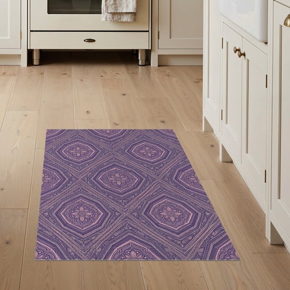 ODIKA 3'x5' Washable Area Rug Pink Purple Mauve Pastel Repeating Symmetry Detail Formal Throw for Hallway, Laundry Room, Non-Slip, Flatweave, Easy Care