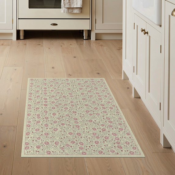 ODIKA 3'x5' Washable Area Rug Pink Vintage Bedside Scatter Print Traditional Tug Throw Dorm for Hallway, Laundry Room, Non-Slip, Flatweave, Easy Care