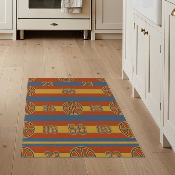 ODIKA 3'x5' Washable Area Rug Retro Stripe Score Number Football Bold Round Blanket Basketball Playful for Hallway, Laundry Room, Non-Slip, Flatweave, Easy Care