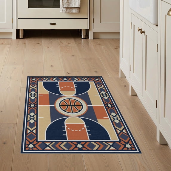 ODIKA 3'x5' Washable Area Rug Round Basketball Theme Free Throw Lines Football Blanket Center for Hallway, Laundry Room, Non-Slip, Flatweave, Easy Care