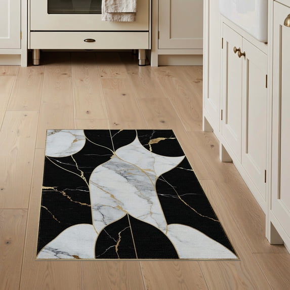 ODIKA 3'x5' Washable Area Rug Rugblack Abstract Veining Glam Swirl Asymmetric Marblerug Smalltan for Hallway, Laundry Room, Non-Slip, Flatweave, Easy Care